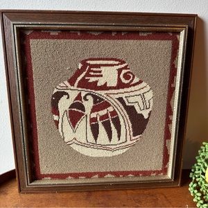 Framed Completed Needlepoint Art Vase Pottery Southwest Vintage